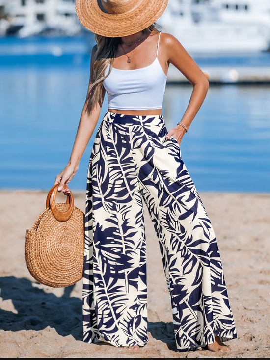 Cupshe Pants - Cupshe High-Waist Navy & Cream Tropical Wide-Leg Pants